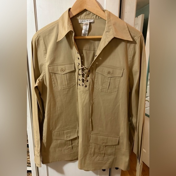 Y2K Vintage Y2K Utility Cargo Beige Lace-Up Safari Shirt Nine West Medium - Picture 5 of 6